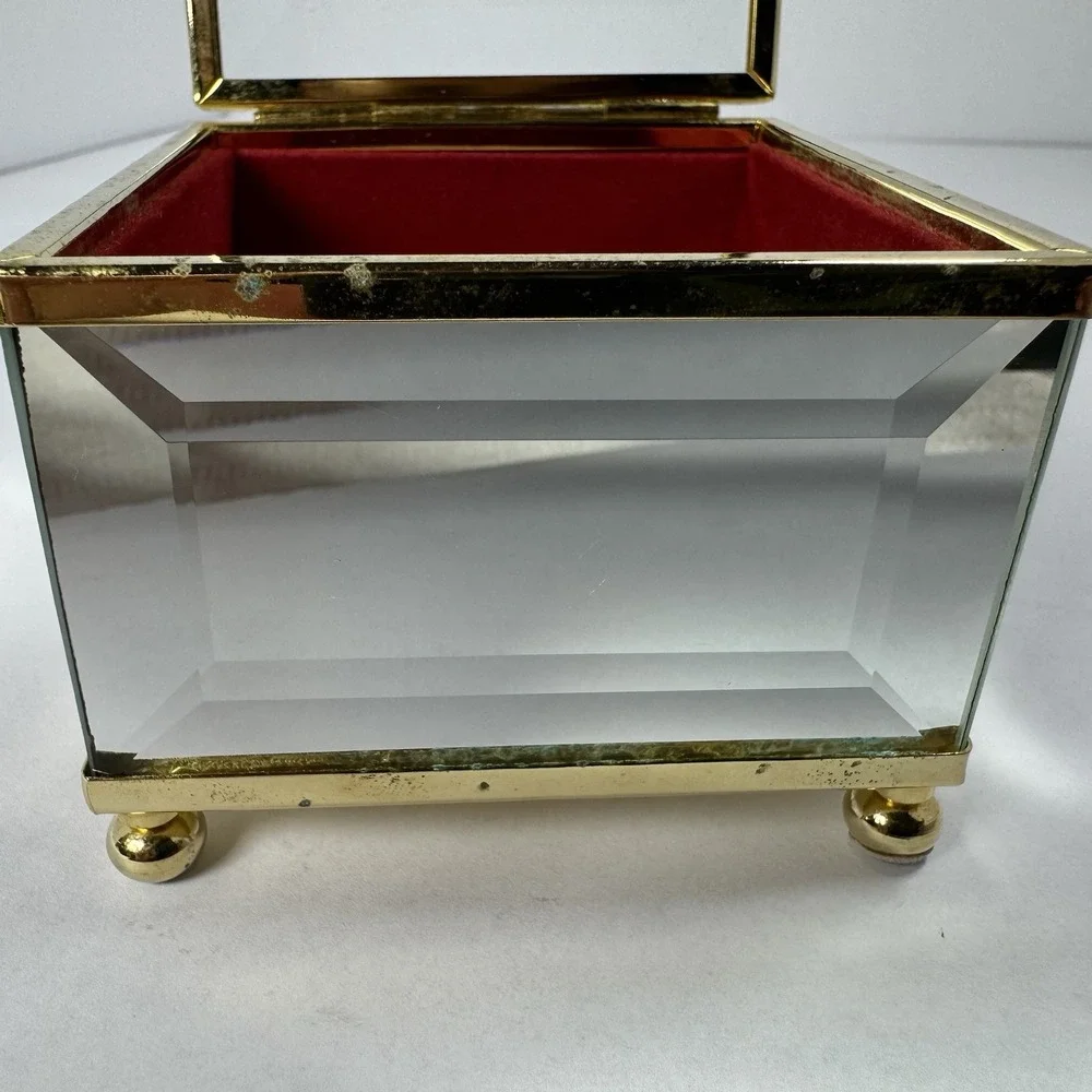 Vintage MELE Beveled Glass Jewelry Trinket Box Etched Rose Red Velvet Taiwan ROC